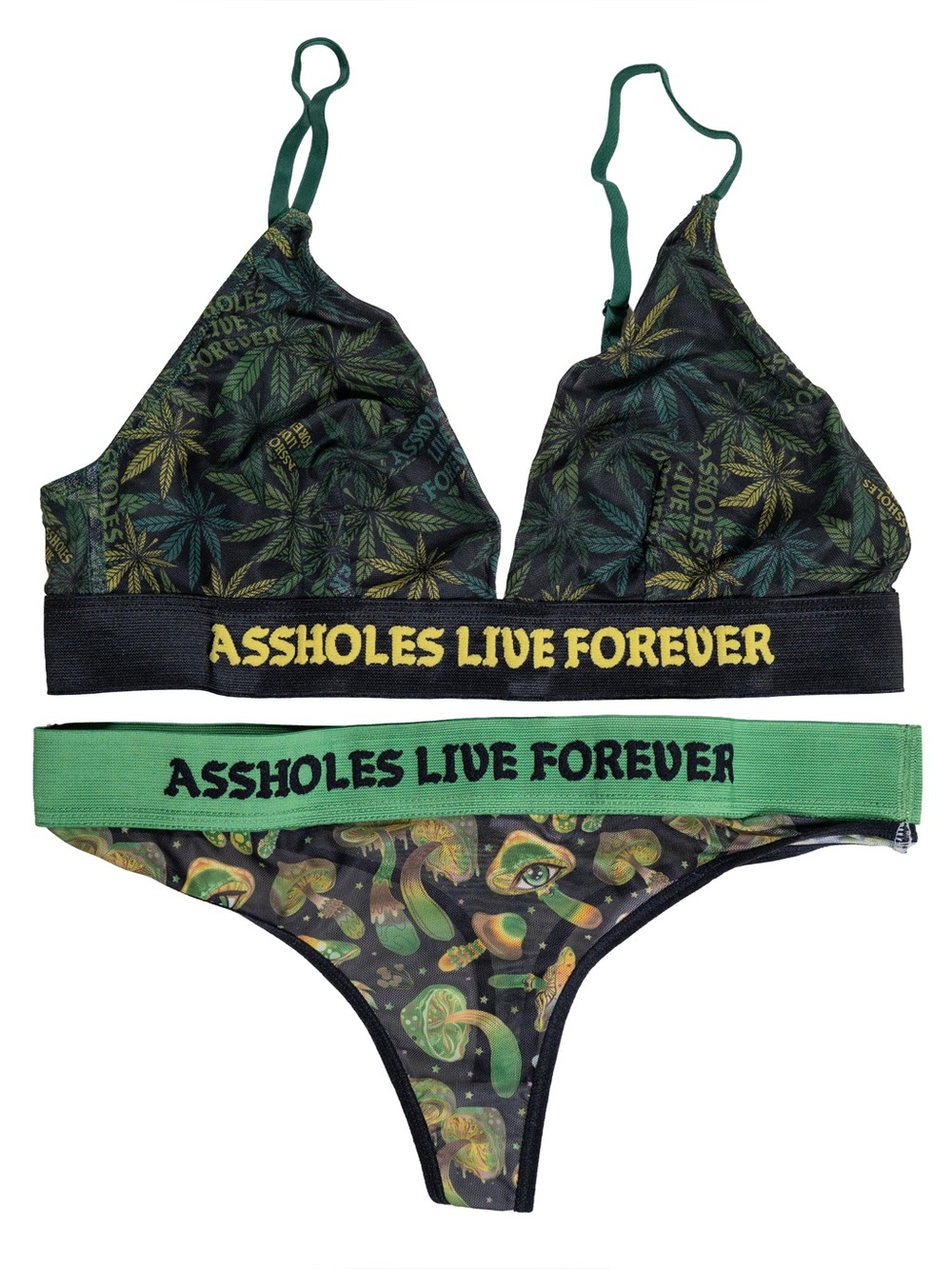 Graphic Bralette & Thong Set — Green Leaf and Mushroom Print